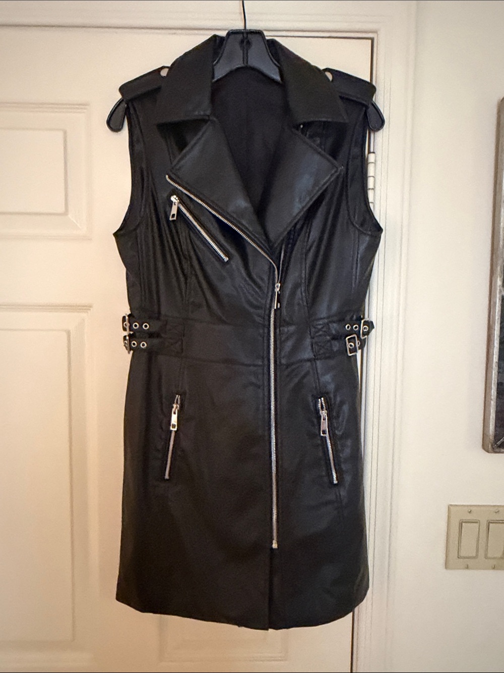 Zara Black Sleeveless Faux Leather Moto Vest Dress